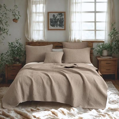 Queen Matelasse Bedspread Set 3pc Cotton Quilted Coverlet Tan Beige Taupe Brown - Image 1 of 4