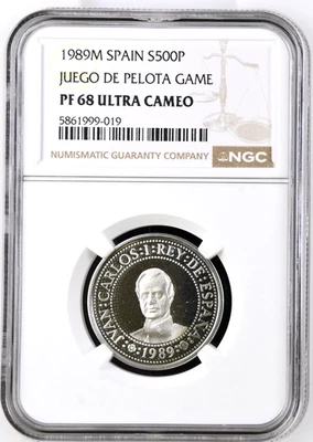 1989-M Spain 500 Pesetas Juego De Pelota Game Silver Coin NGC PF 68 UC - Image 1 of 4
