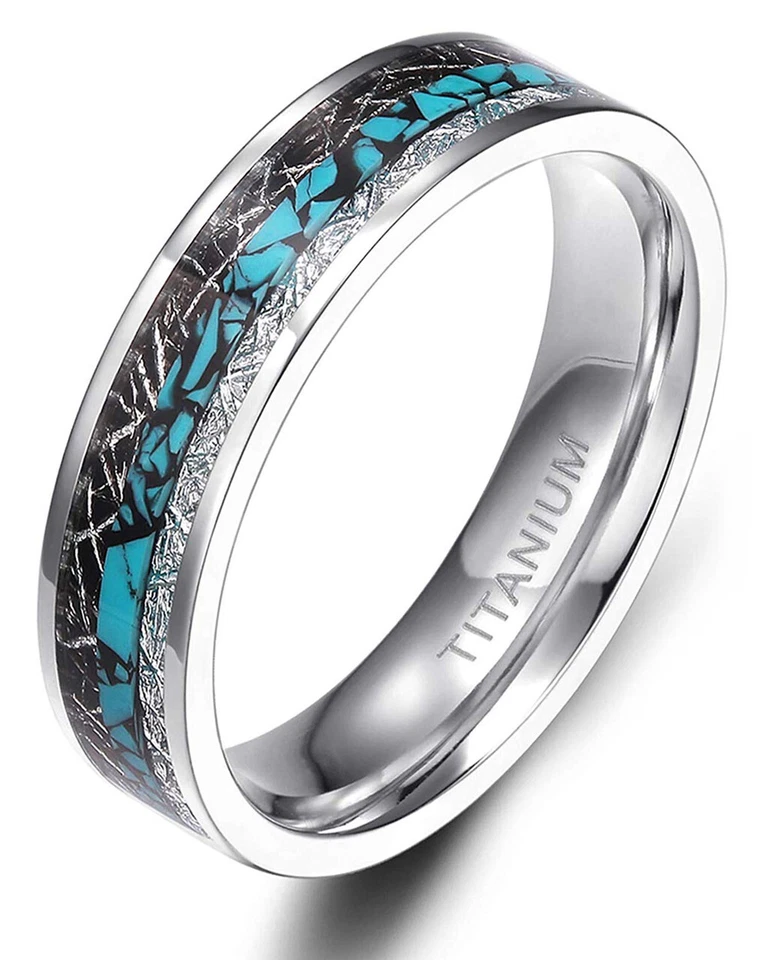 Ebay Wedding Rings For Women. 6mm Steel Band w Turquoise & Duo Meteorite Inlay - Image 1 of 4
