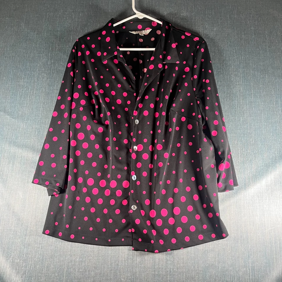 John Paul Richard 女式衬衫上衣,尺寸 1X 黑色粉红色圆点纽扣前襟 — 第 1/4 张图片