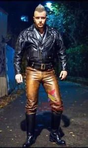 Pantaloni da uomo in vera pelle mucca cerata marrone pelle allacciatura laterale jeans marrone pelle - Foto 1 di 3