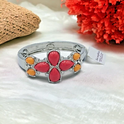 Brazalete Brazalete Lia Sophia Cabujón Sherbet Retirado Tropical Tono Plata Elástico Foto 1 de 4
