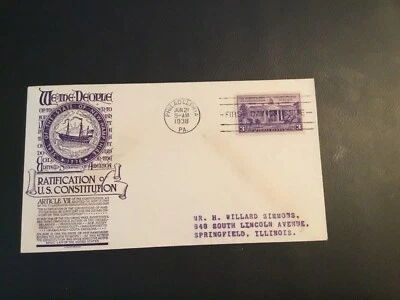 FDC 1938#835 ANDERSON Cachet RATIFICATION OF U.S. CONSTITUTION 3Cent Stamp  - Image 1 of 2