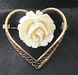 Gold Filled Filagree Carved White celluloid Flower by Van Lou Vintage Pin - Picture 1 of 5