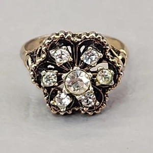 Cocktail Ring 18K Gold Electroplate Clear Rhinestones Round Antiqued Sz 7.75 - Picture 1 of 11