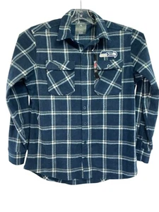 Seattle Seahawks/Antigua Mens Large Fleece Blue Plaid Button Up Shirt (G14) NWT - Picture 1 of 7