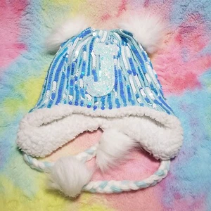 Justice Winter Hat Beanie Blue Sequins Girls Youth Pom Poms Tassels Ear Flaps J - Picture 1 of 8