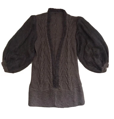 Cárdigan plumero vintage manga abullonada ganchillo suéter marrón para mujer S M Foto 1 de 4