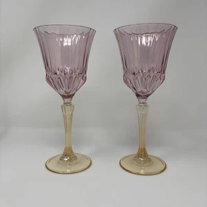 Pair of Italian Blown Glass Wine Goblets Pink Glass Bowl Gold Stem - Picture 1 of 11