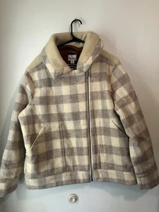 Abrigo Chaqueta Sherpa Tareas Lana Woolrich Vintage Cuadros Beige Mujer XL 80 Pesado - Imagen 1 de 4