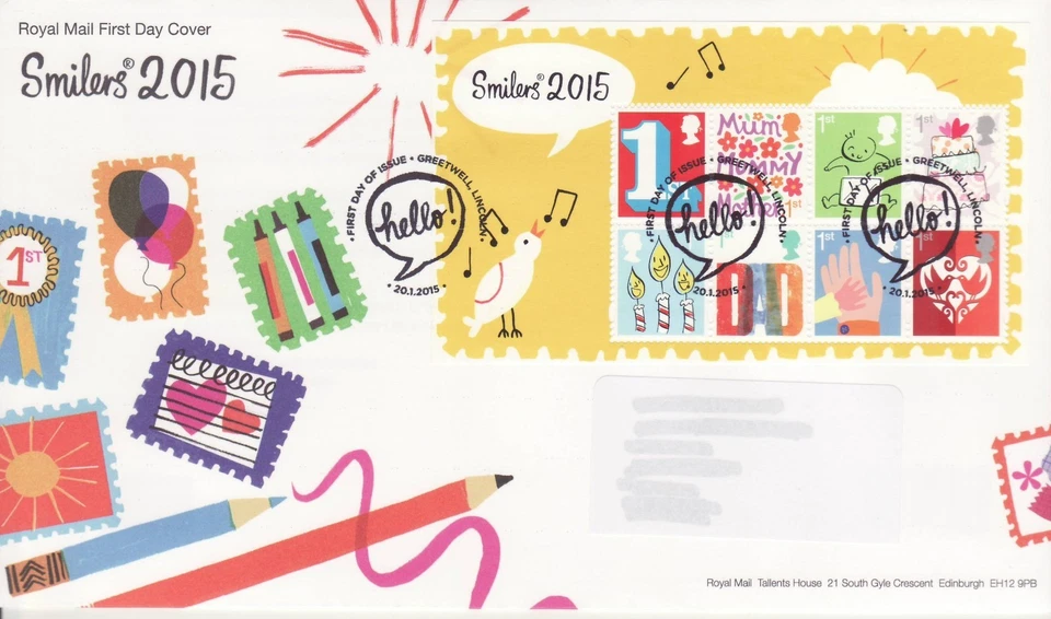 GB Stamps First Day Cover Smilers MS, Mum, dad, birthday, baby, wedding SHS 2015 - Image 1 of 1