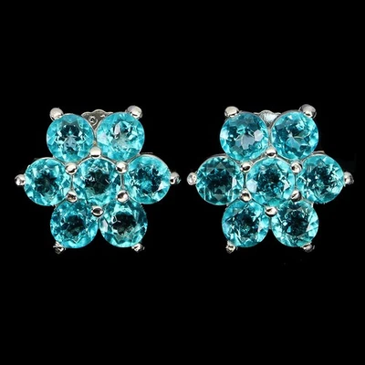 925 Sterling Silver Earrings Round Paraiba Blue Topaz 4mm Gemstone Jewelry - Image 1 of 4