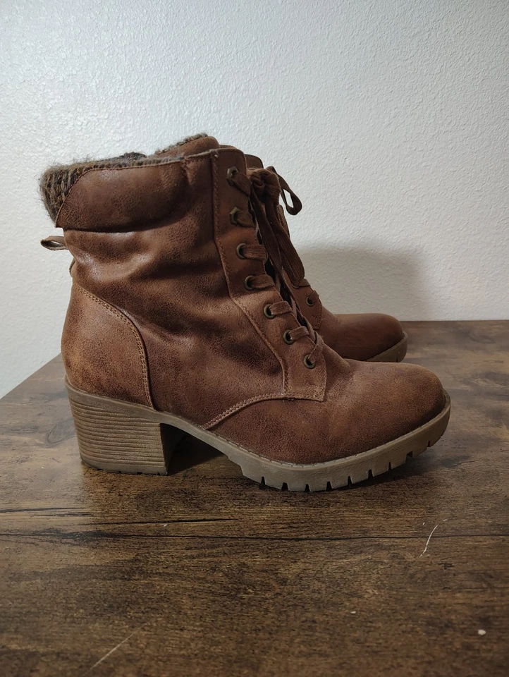 Torrid  Heel Brown Combat Chunky Sz 11 Wide Bootie Brown Boots Lace Up Sweater  - Image 1 of 4