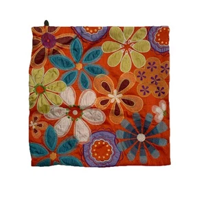 Pier 1 Imports Throw Pillow Cover Sham Orange Floral Embroidered Textured 16x16 - Picture 1 of 15