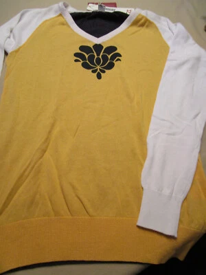 NUEVO CON ETIQUETAS SUÉTER DE GOLF CUTTER & BUCK MUJER CUELLO EN V ALGODÓN DORADO/BLANCO GRANDE Foto 1 de 2