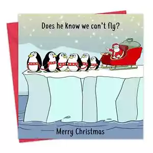Lustige Weihnachtskarte Schlitten Pinguine - Frohe Weihnachten Karte lustig - Weihnachtskarte - Bild 1 von 7