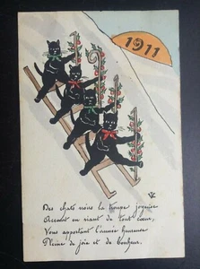 Carte postale fantaisie chat luge 1911 - Picture 1 of 2