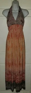 AS U WISH brown Orange Basketweave Floral Pattern Stretch Maxi Halter Dress S XS - Picture 1 of 7