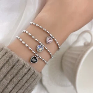 Dainty Bead Linked Heart Charm Bracelet 925 Sterling Silver Women Girls Jewelry - Picture 1 of 12