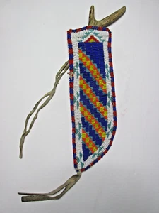 BEADED NATIVE AMERICAN SHEATH KNIFE WEAPON STAG HANDLE FORGED ANTIQUE INDIAN OLD - Picture 1 of 21