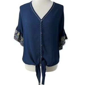 Women's Boho Blouse Medium MAX Studio Navy Blue Embroidered Tie Front - Picture 1 of 12
