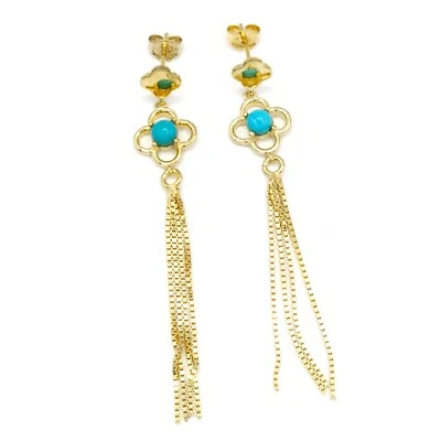 Women's Drop Earrings In Yellow Gold 925 Sterling Silver With Turquoise New COA - Image 1 of 4