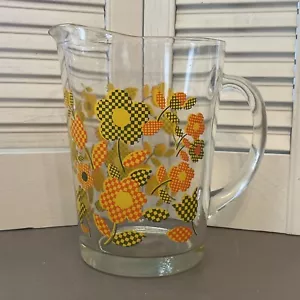 Vintage Anchor Hocking Checkered Gingham Daisy Flowers Glass Heavy Pitcher - Picture 1 of 5