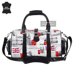 London Travel Duffle Bag British Printed Travel Real Leather Ladies Weekend Bag - Picture 1 of 7