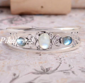 Moonstone With Labradorite Gemstone 925 Sterling Silver Bangle Jewelry Cuff - Picture 1 of 6