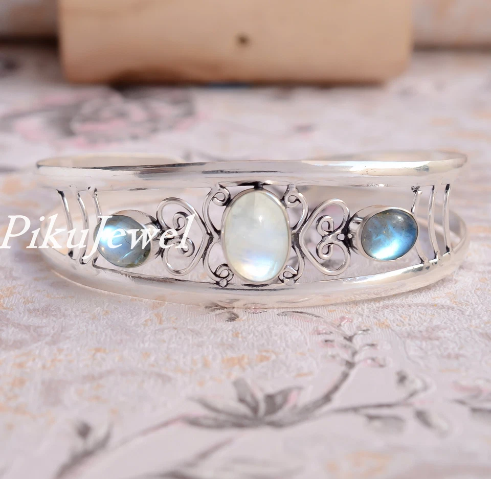 Mondstein mit Labradorit Edelstein 925 Sterling Silber Armreif Schmuck Mansch... - Bild 1 von 4