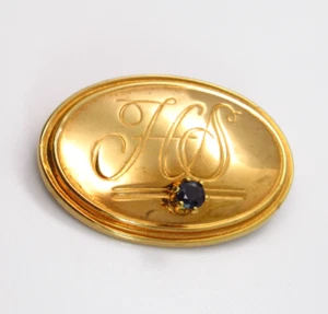Brooch Gold Tone Monogram HS Oval Blue Rhinestone Vintage Jewelry Pin - Bild 1 von 6