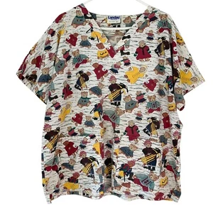 Landau Teddy Bear Print Short Sleeve V-Neck Pullover Scrub Top Size XL - Picture 1 of 5