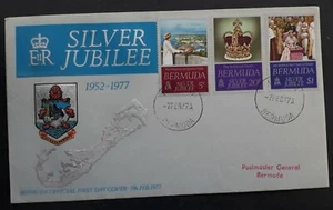 1977 Bermuda Embossed Silver Jubilee FDC ties 3 Stamps cd Hamilton - Picture 1 of 2