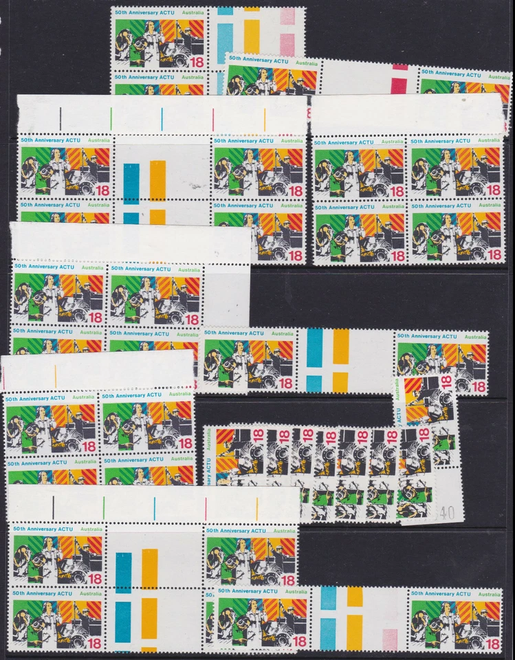 1977 Australia 18c ACTU Decimal Singles Blocks Gutters etc Total 36 Stamps - Image 1 of 1