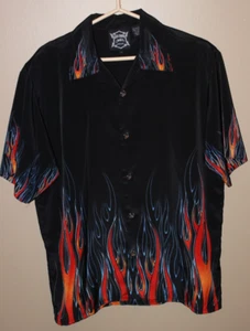 Hard Chrome Gear Men's L Short Sleeve Shirt Black Flames Motorcycle Cool Buttons - Picture 1 of 14