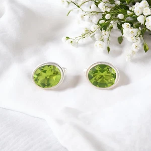 Natural Peridot Gemstone 925 Sterling Silver Handmade Cufflink Set Gift For Him - Picture 1 of 7