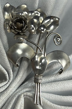 Vintage Flower Rose 2  1/2" Switzerland 0.925 Sterling Silver BROOCH Pin Broach
