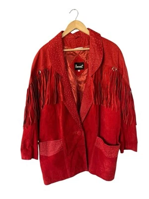 Vintage 80s 90s Western Red Suede Fringe Single Breasted Coat Avanti Cowgirl M - Image 1 of 4