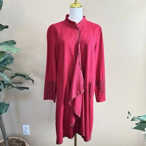 Lagenlook Jingpin rot Leinenmischung Stickerei Tunika Mantel Mandarinkragen L 170/88A - Bild 1 von 18