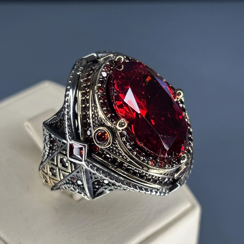 Anel masculino de prata esterlina rubi otomano, design vintage artesanal - Imagem 1 de 4