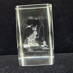 3D Laser Etched Crystal Glass Block – Cat Fishing Scene Paperweight Figurine - Picture 1 of 4