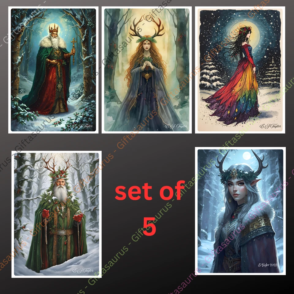 E TAYLOR ART 5 Personalised Yule Christmas Cards seeded option Wiccan Pagan Goddess