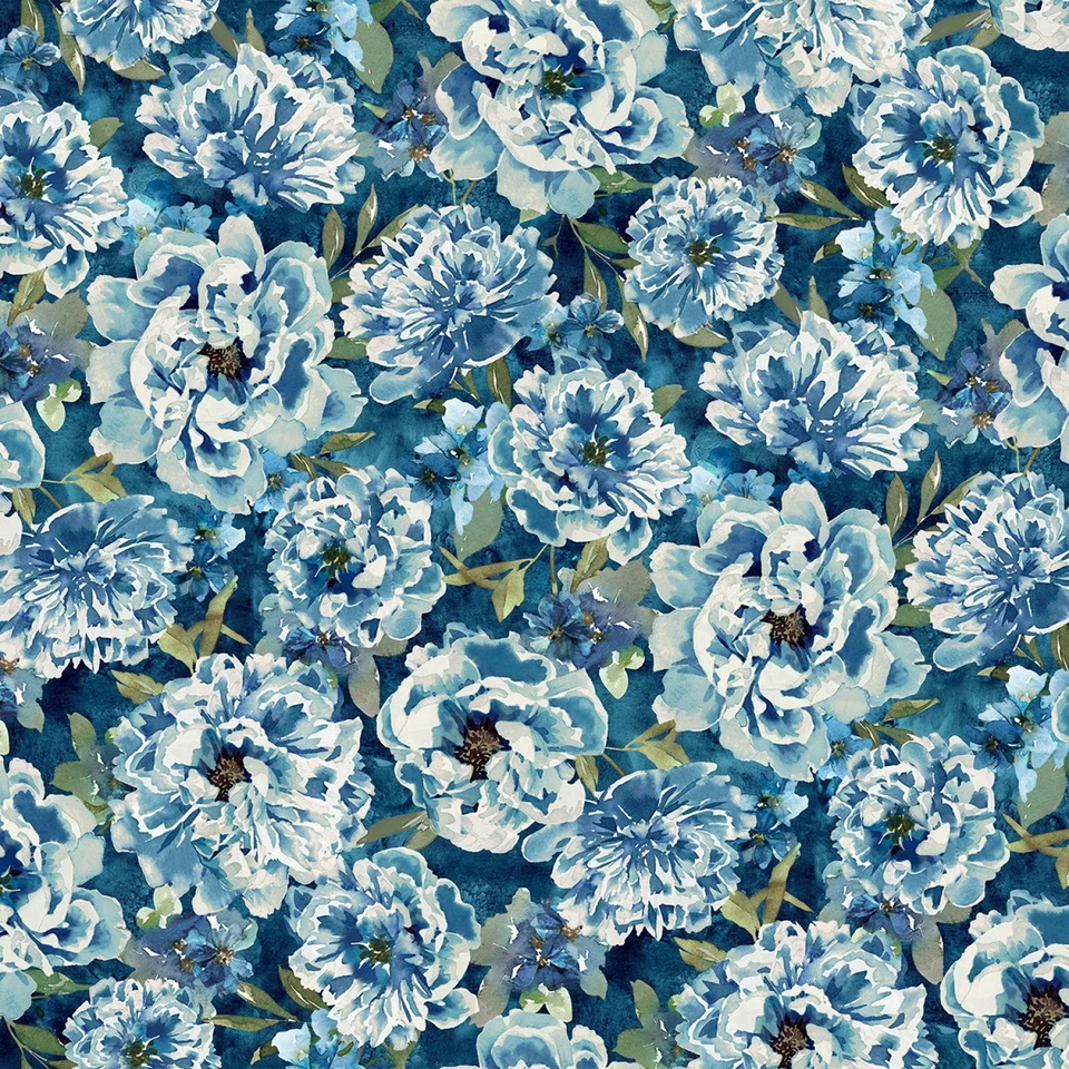 Hoffman, Porch View ,aquamarine,blue birds,flowers, Cotton 44" wide ,BTY - Image 1 of 1