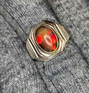 Genuine Black Opal Ring Solid 925 Sterling Silver Signet Fire Opal Rings - Picture 1 of 5