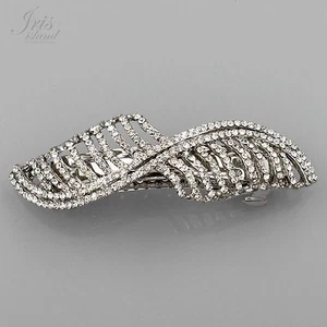 Silver Tone Clear Rhinestone Crystal Alloy Barrette Hair Clip pin 03520 Leaf - Picture 1 of 5