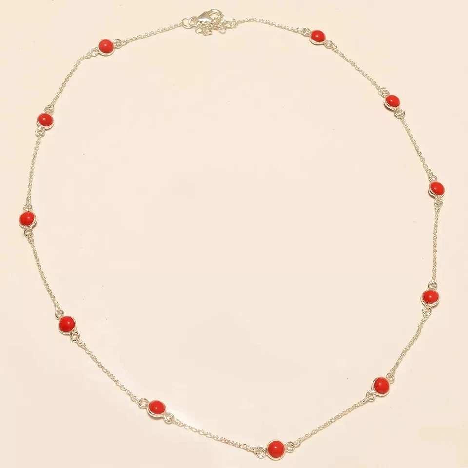5.50 GM 925 Argento Sterling Splendido Corallo Cab Pietra Sottile Collana 20 " - Immagine 1 di 1