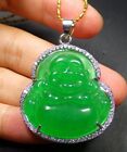 Green Jade Imitation Diamond Buddha Blessing White Gold Plated Pendant Necklace