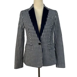 J.Crew Gingham Check Blazer Blue White Tuxedo Lapel Professional Womens Size 2 - Picture 1 of 10