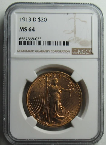 1913-D $20 NGC MS-64 SAINT GAUDENS DOUBLE EAGLE,GREAT STRIKE,LUSTER AND COLOR Cover