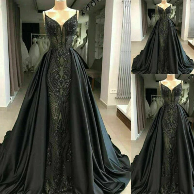 Mermaid Gothic Wedding Dress Black Spaghetti Straps Detachable Train Bridal Gown - Image 1 of 4